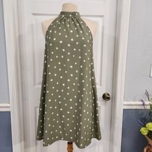 Pink Lily Olive Green Halter Dress with White Dots